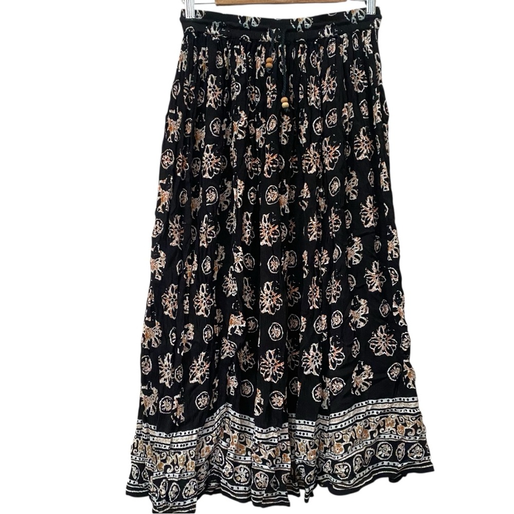 Vintage 90s Flowy Black Orange Maxi Skirt S M